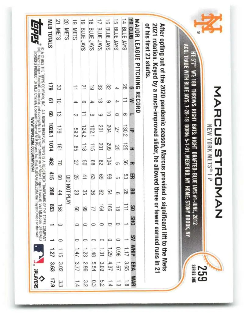 2022 Topps #259 Marcus Stroman NM-MT Mets ID:41058 - Baseball Card Single