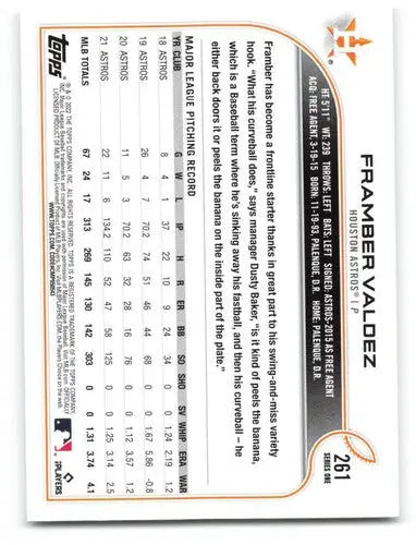 Original gloss Framber Valdez baseball card 2022 Topps NM-MT Astros ID 47647
