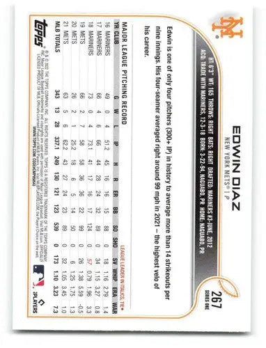 2022 Topps #267 Edwin Diaz NM-MT Mets ID:41065 - Baseball Card Single