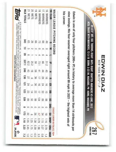 2022 Topps #267 Edwin Diaz NM-MT Mets ID:47525 - Baseball Card Single