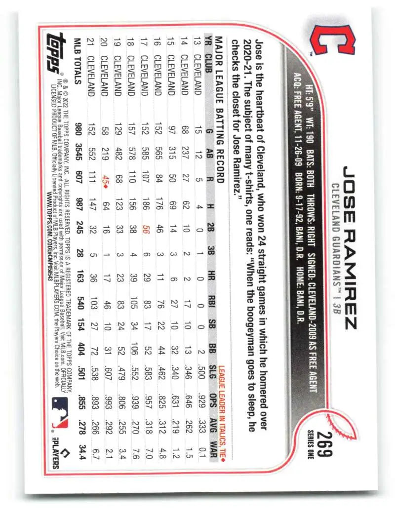 2022 Topps #269 Jose Ramirez NM-MT Guardians ID:41066 - Baseball Card Single