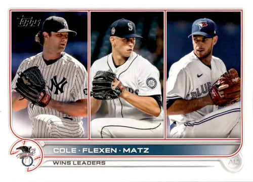 Original gloss baseball card featuring Cole Flexen Matz with three pitchers from 2022 Topps