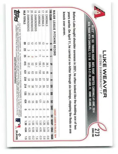 2022 Topps Luke Weaver baseball card with original gloss from Diamondbacks team