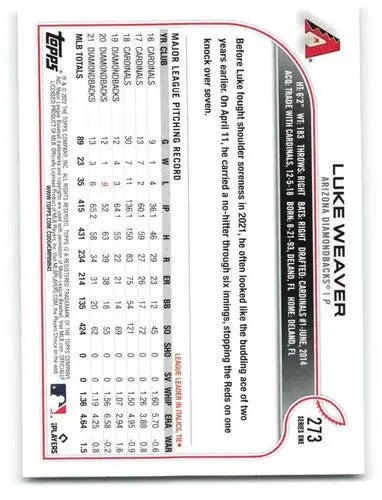 Luke Weaver baseball card 2022 Topps #273 with original gloss NM-MT Diamondbacks