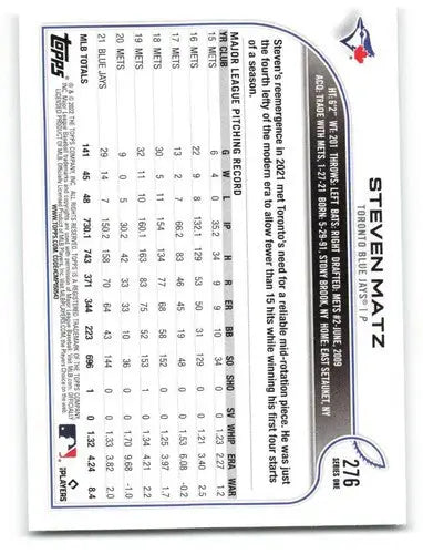 Baseball card back from 2022 Topps Steven Matz NM-MT Blue Jays with original gloss