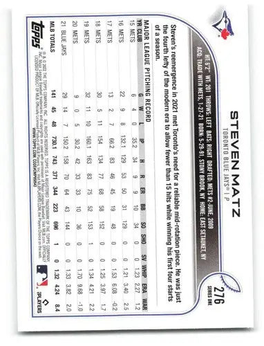 Baseball card back with original gloss for 2022 Topps Steven Matz NM-MT Blue Jays