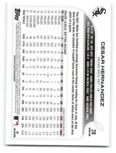 2022 Topps #28 Cesar Hernandez NM-MT White Sox ID:40593 - Baseball Card Single