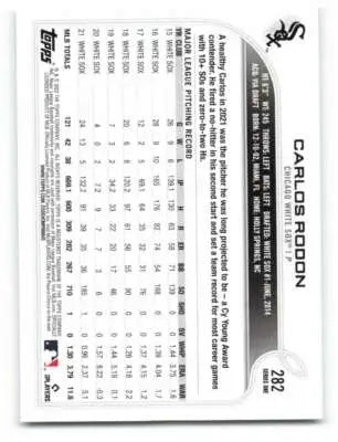 Baseball card back featuring Carlos Rodon from 2022 Topps #282 with original gloss