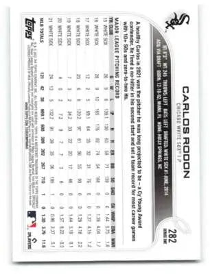 Baseball card back of Carlos Rodon 2022 Topps #282 with original gloss and Simply Sandoval design