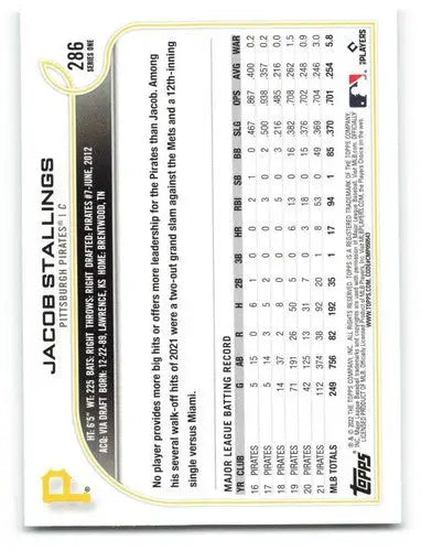 Baseball card back with original gloss from 2022 Topps Jacob Stallings Pirates sports cards