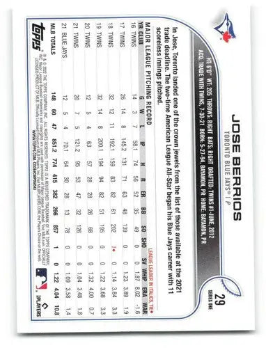 2022 Topps #29 Jose Berrios NM-MT Blue Jays ID:40594