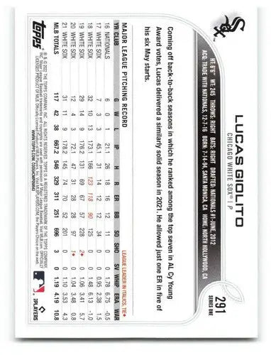 2022 Topps #291 Lucas Giolito NM-MT White Sox ID:40831 - Baseball Card Single