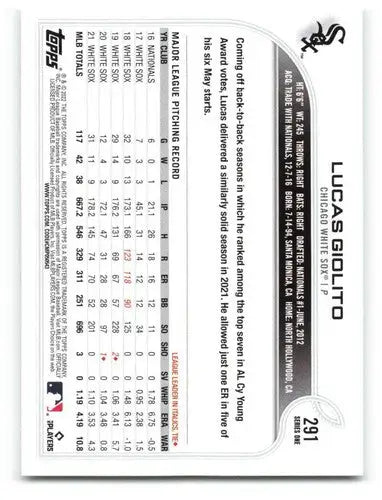 2022 Topps #291 Lucas Giolito NM-MT White Sox ID:47576 - Baseball Card Single