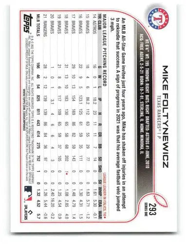 2022 Topps #293 Mike Foltynewicz NM-MT Rangers ID:47589 - Baseball Card Single