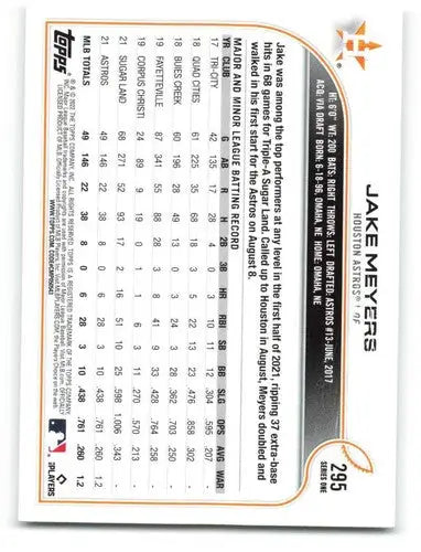 Original gloss Jake Meyers baseball card 2022 Topps #295 NM-MT Rookie Astros