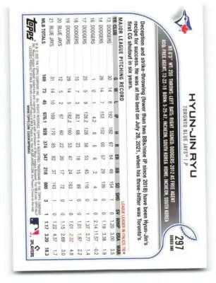 Baseball card back with original gloss from 2022 Topps Hyun-Jin Ryu Blue Jays