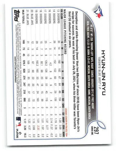 2022 Topps #297 Hyun-Jin Ryu NM-MT Blue Jays ID:47327 - Baseball Card Single
