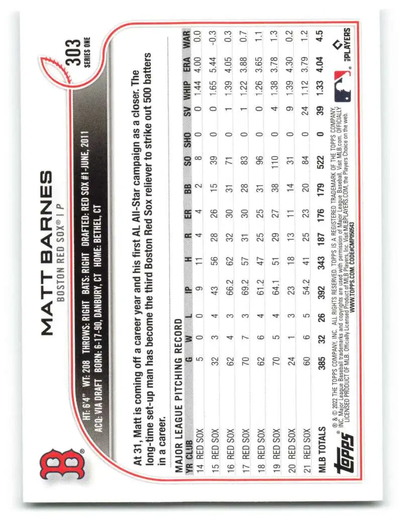 2022 Topps #303 Matt Barnes NM-MT Red Sox ID:41105 - Baseball Card Single