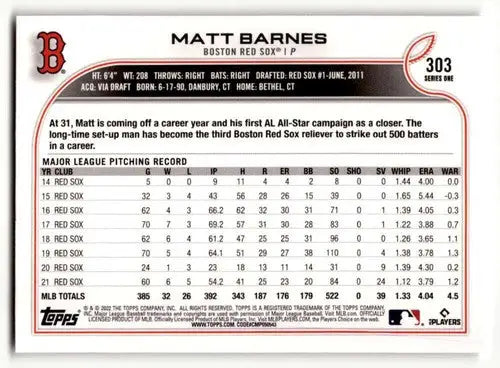 2022 Topps #303 Matt Barnes NrMt-Mt ID:47228 - Baseball Card Single