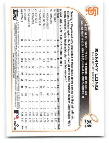 Original gloss Sammy Long NM-MT rookie baseball card from 2022 Topps #308