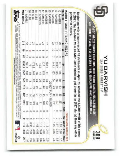 2022 Topps Yu Darvish baseball card with original gloss Padres sports cards
