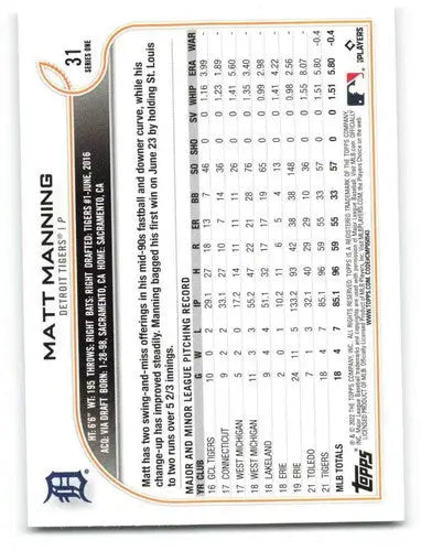 2022 Topps Matt Manning rookie baseball card with original gloss Tigers ID 40852