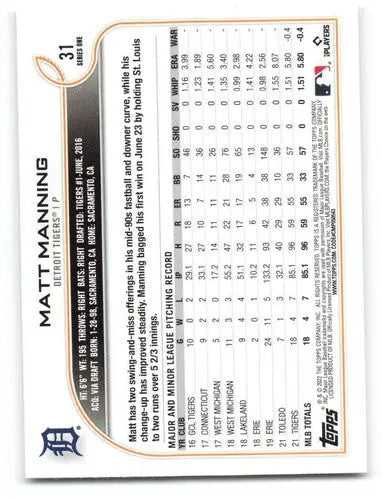 Matt Manning baseball card with original gloss, NM-MT rookie from 2022 Topps