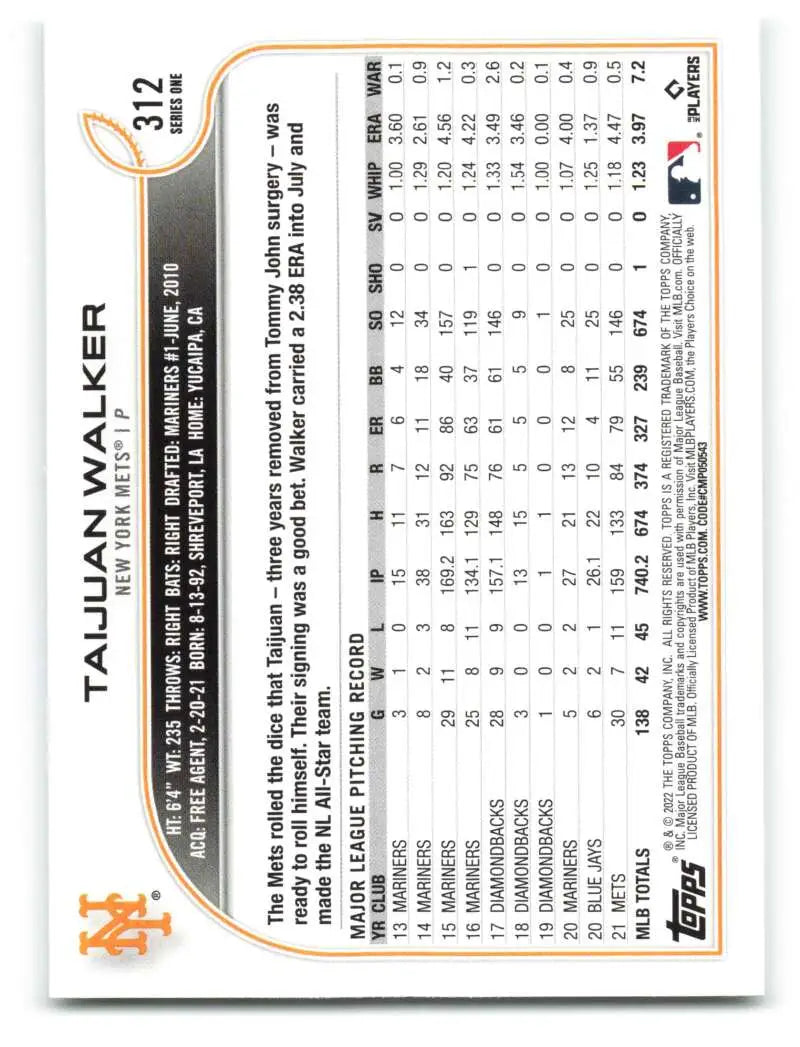 2022 Topps #312 Taijuan Walker NM-MT Mets ID:41116 - Baseball Card Single