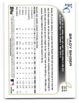 Original gloss Brady Singer baseball card from 2022 Topps #313 Royals sports cards