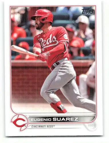 Baseball card featuring Eugenio Suarez from 2022 Topps with original gloss and Reds branding