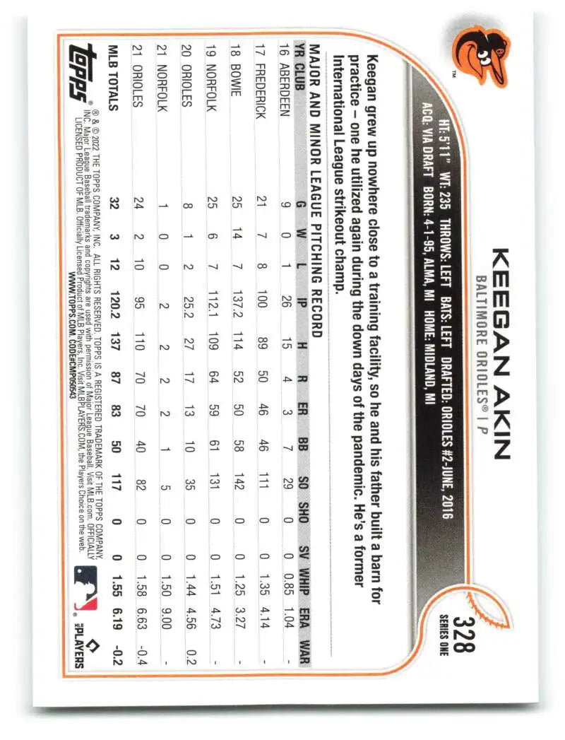 2022 Topps #328 Keegan Akin NM-MT Orioles ID:41139 - Baseball Card Single
