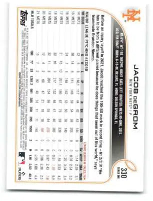 Baseball card back showcasing original gloss for 2022 Topps Jacob deGrom Mets card