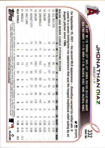 2022 Topps #332 Jhonathan Diaz NM-MT RC Rookie Angels ID:43944 - Baseball Card Single