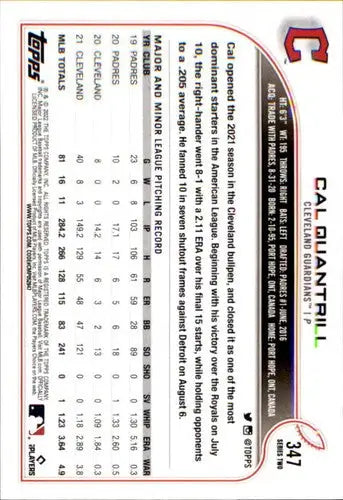 Cal Quantrill baseball card with original gloss from 2022 Topps Guardians series