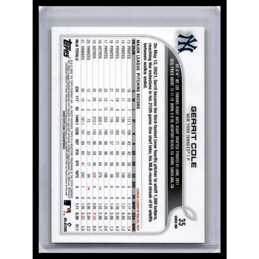 2022 Topps #35 Gerrit Cole NM-MT New York Yankees Baseball Card - Baseball Card Single