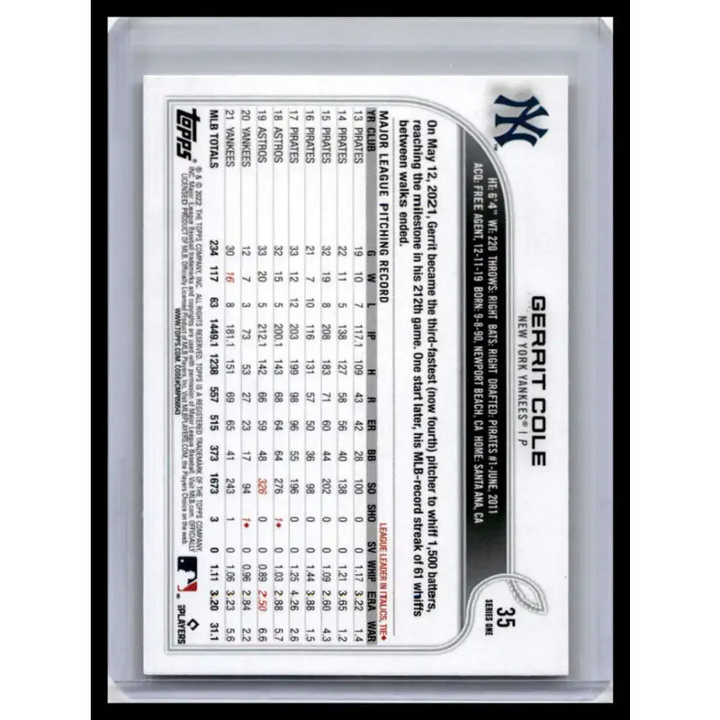 2022 Topps #35 Gerrit Cole NM-MT New York Yankees Baseball Card - Baseball Card Single