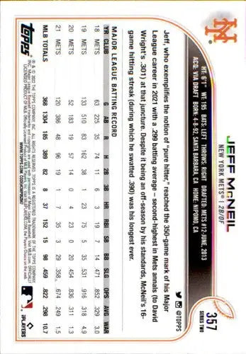 2022 Topps #357 Jeff McNeil NM-MT Mets - Baseball Card Single