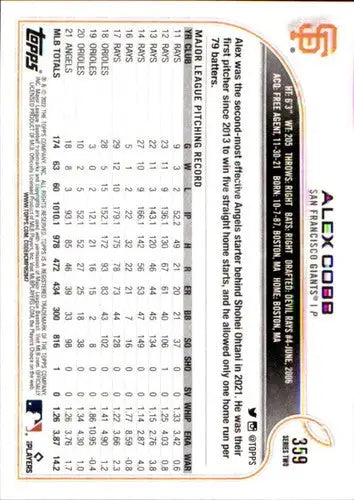 2022 Topps #359 Alex Cobb NM-MT Giants ID:44321 - Baseball Card Single