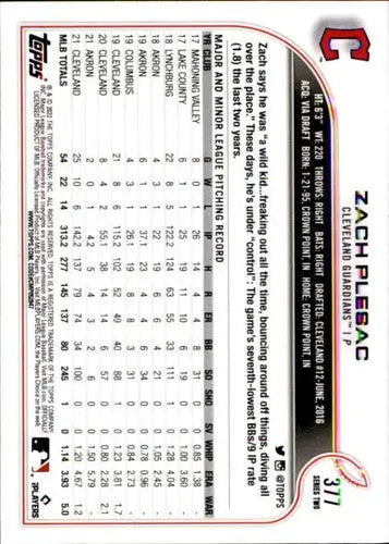 2022 Topps Zach Plesac baseball card with original gloss, NM-MT condition