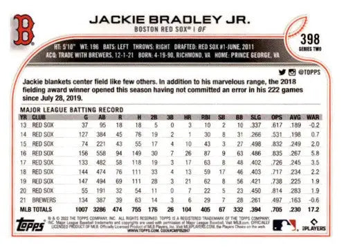 2022 Topps Jackie Bradley Jr. baseball card with original gloss, Boston Red Sox collectible