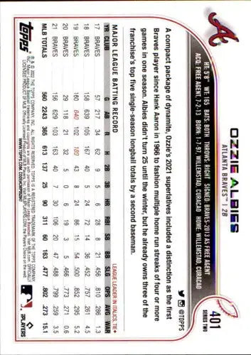Original gloss Ozzie Albies baseball card from 2022 Topps #401 Braves ID43972