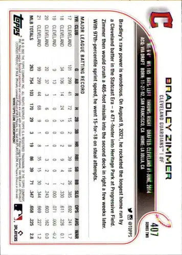 Baseball card back showing Bradley Zimmer original gloss and NM-MT condition