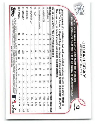 2022 Topps #43 Josiah Gray NM-MT RC Rookie Nationals ID:42176 - Baseball Card Single