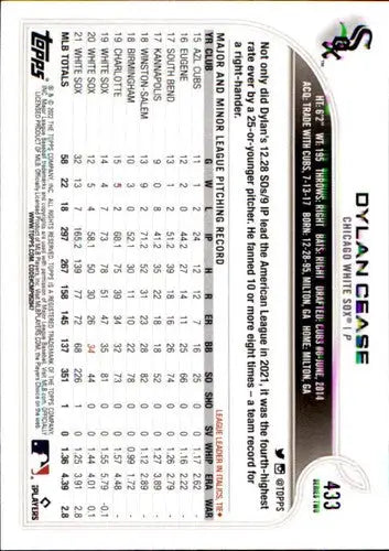 2022 Topps #433 Dylan Cease NM-MT White Sox ID:43983 - Baseball Card Single