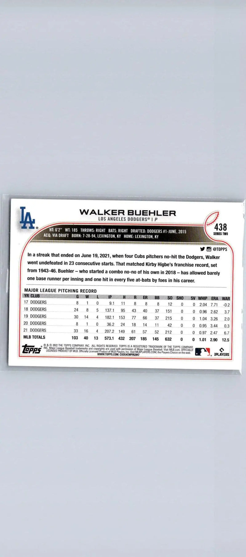 Walker Buehler 2022 Topps #438 baseball card featuring player statistics and highlights
