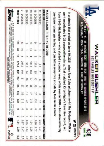 Walker Buehler baseball card with original gloss, 2022 Topps NM-MT Dodgers