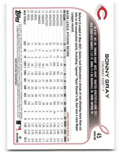 2022 Topps #45 Sonny Gray NM-MT Reds ID:40539 - Baseball Card Single