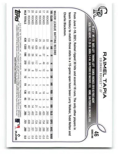 2022 Topps #46 Raimel Tapia NM-MT Rockies ID:40862 - Baseball Card Single