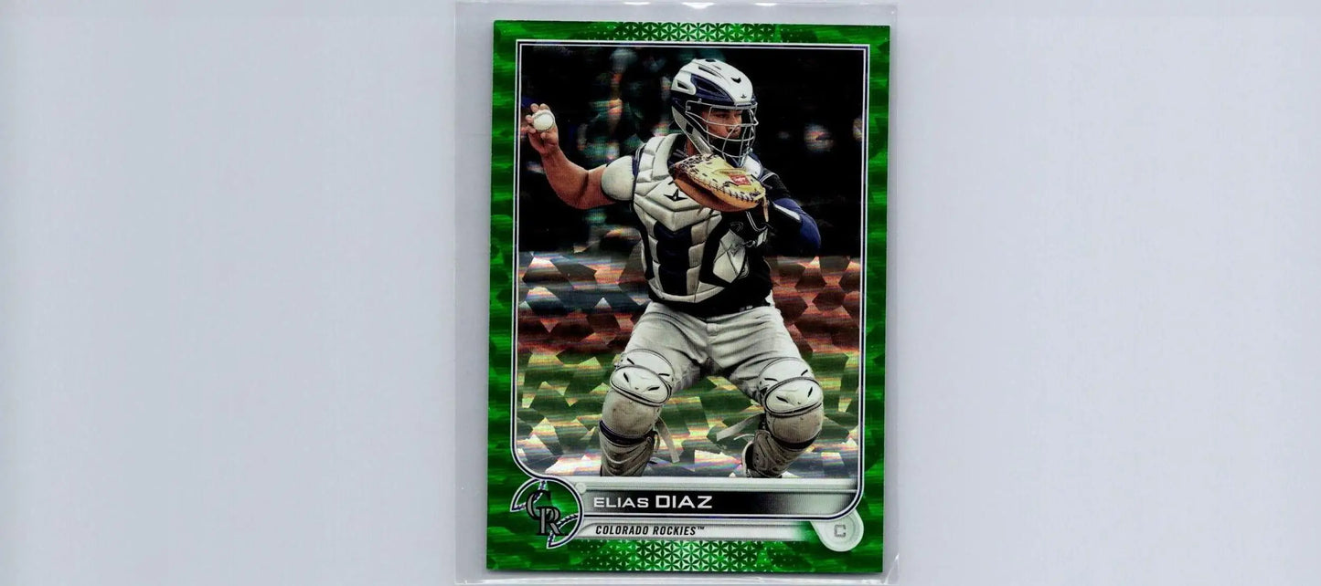 Elias Diaz baseball card from 2022 Topps #467 Green Foilboard limited to 499 copies