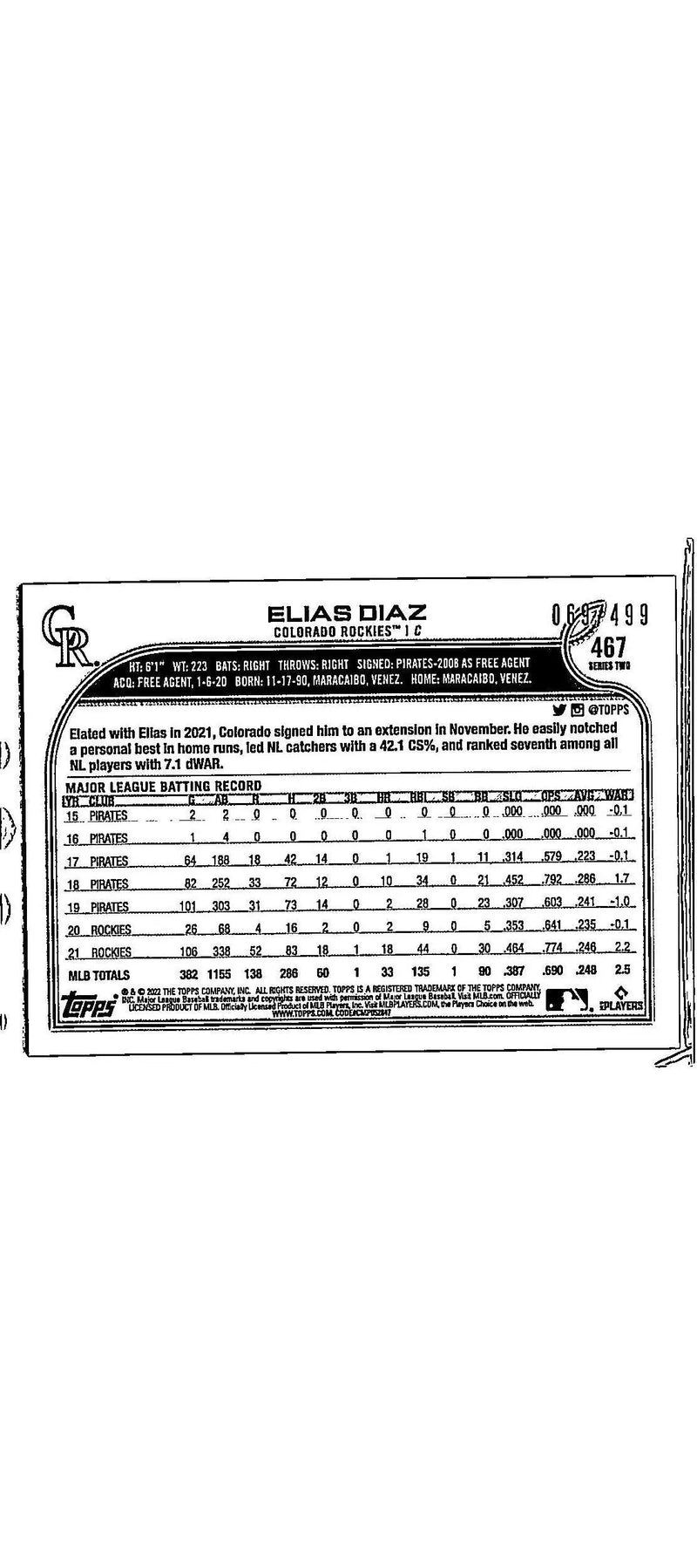 Back of 2022 Topps #467 Elias Diaz Green Foilboard card #/499 featuring player stats